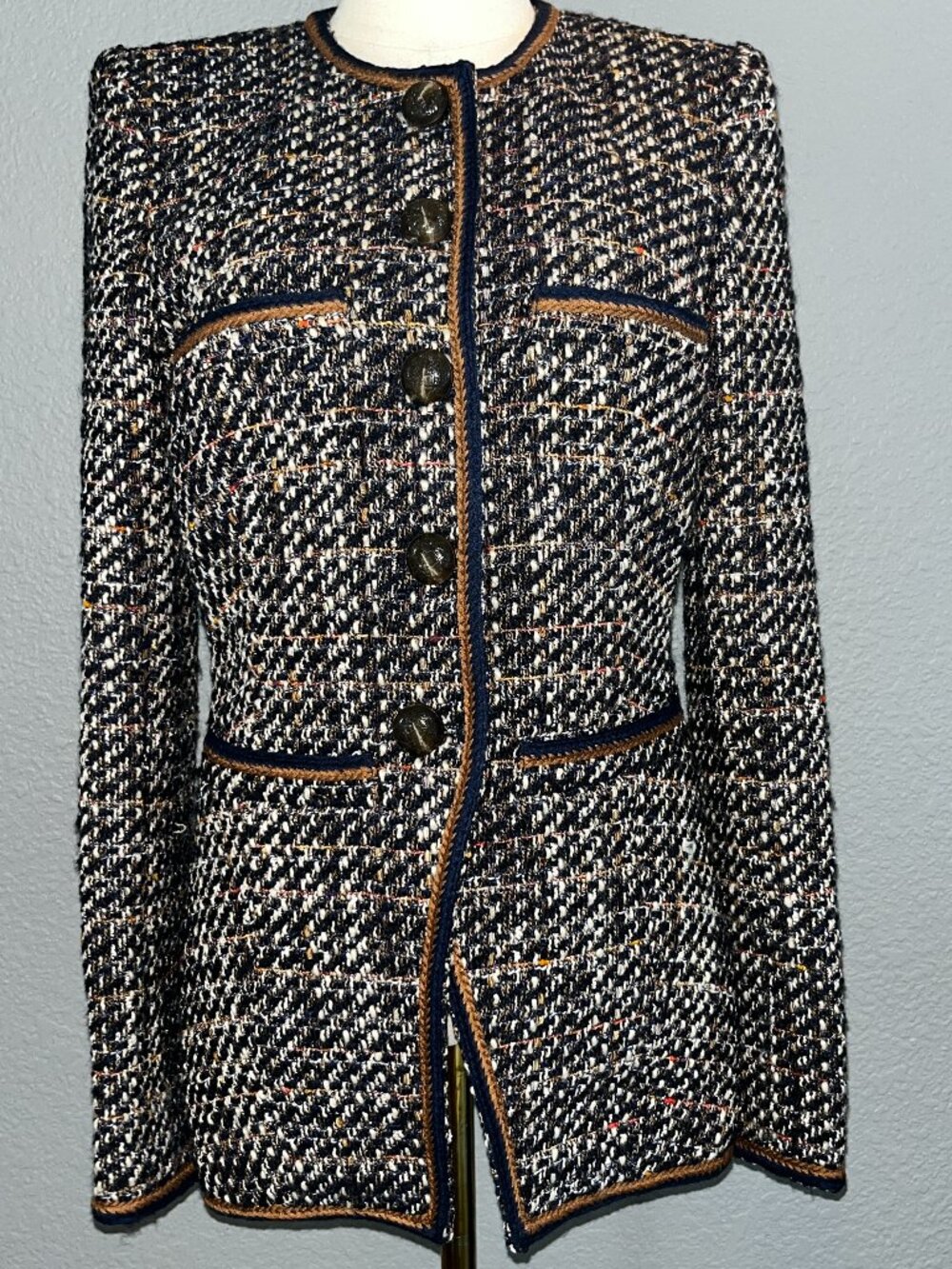 Veronica Beard Alessia Boucle Tweed Cutaway Jacket Navy Multi Blazer Gold Trim 4